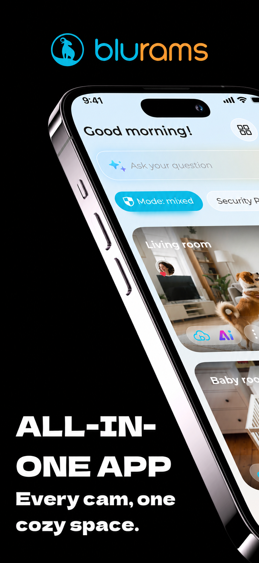 Blurams mobile app showing security camera alerts and cloud video controls